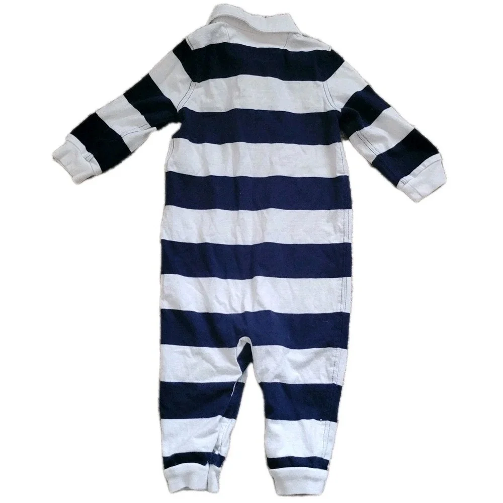 Ralph Lauren Baby Rugby Romper 9M Blue‎ White Striped Polo One Piece